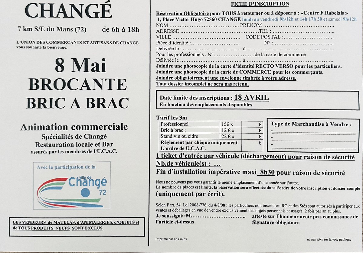 Brocante et Bric a brac 8 Mai à Changé 

    Du mercredi 8 mai 2024 à 07h30, au mercredi 8 mai 2024 à 18h00
    
Inscriptions uniquement au centre François Rabelais a Changé