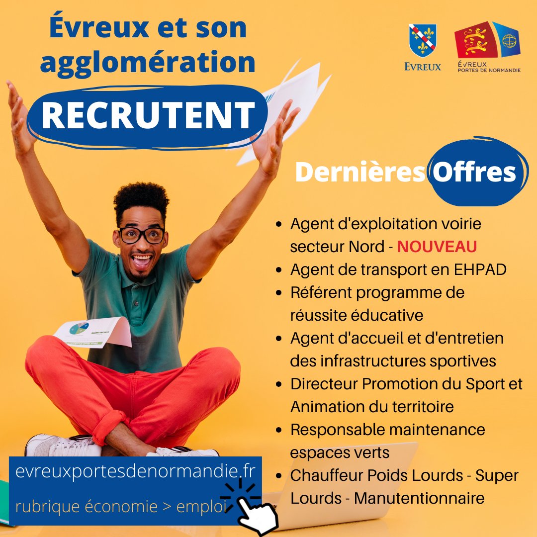 [#EMPLOI]

#Evreux et #aggloevreux recrutent !

&gt; Nouvelle offre : Agent d'exploitation voirie secteur Nord

&gt; Offres en cours : Gardien de Police Municipale / Infirmier / ...

👉 Pour postuler, envoyez votre CV et lettre de motivation ⤵️
evreuxportesdenormandie.fr/285-evreux-por…

#offreemploi