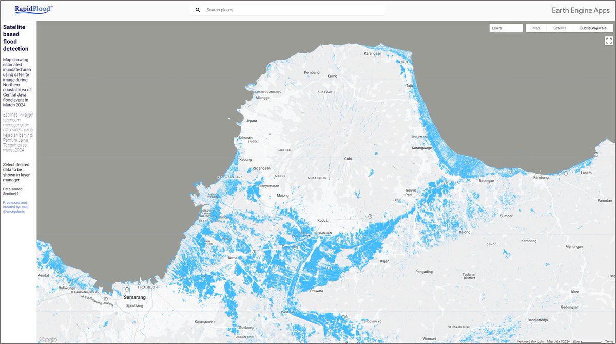 Saking luasnya genangan banjir di Pantura Jateng, seakan Gunung Muria terpisah dari Pulau Jawa.
Kaya pas abad pertengahan dulu (tolong koreksi bagian ini).

Peta estimasi wilayah genangan dapat diakses melalui: …oject-geemap.projects.earthengine.app/view/fl-202403…