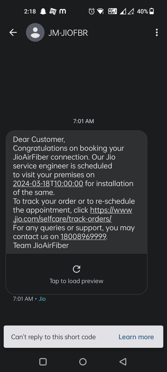 Mr_sam__20's tweet photo. @JioCare I think getting JIO FIBER is a dream that will never come true , they are just scheduling the visit after making me pay 1000rs , the re-scheduling it every time , No engineer calls to you , I think this is some kind of fraud .
#jiofiber https://t.co/0UAFLSV1x8