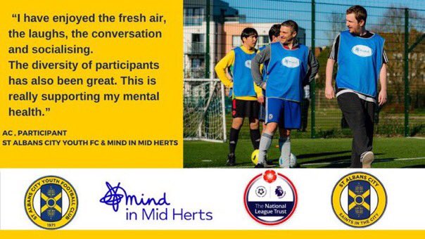 🟡@CityYouthFC is delighted to be offering fully funded footy sessions designed to support your mental well-being, with our partners @MindInMidHerts_ 🔵   It’s a friendly, informal kick-about. 📍AL4 0RE 📆 Tues 5.30-6.30pm   Q? or to register 📧patrick.courtney@mindinmidherts.