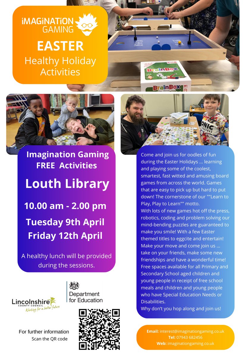 @imagigaming return to #Lincolnshire and @LouthLibraries as part of #lincolnshirecouncil Easter Healthy Holiday Programme If your child receives benefits-related free school meals get in touch now to book your FREE place To book simply scan the QR code #Easter #boardgames #fun