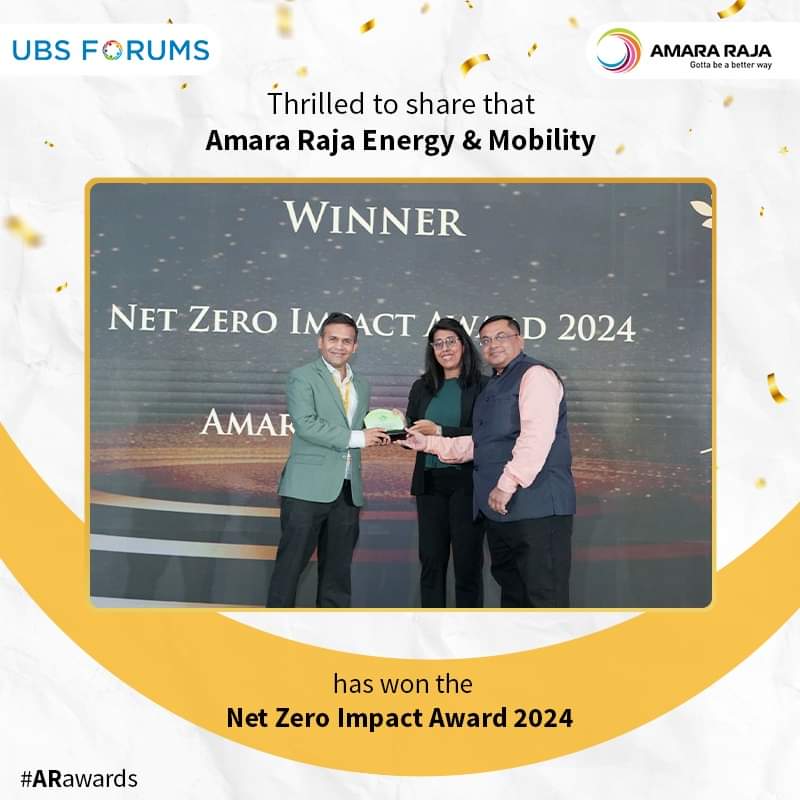 Honoured to share that Amara Raja Energy & Mobility Ltd has won the prestigious Net Zero Impact Award at the Net Zero Summit and Awards 2024 organized by the UBS Forums. The award recognises our efforts towards sustainability, including water recycling, rainwater harvesting, and…