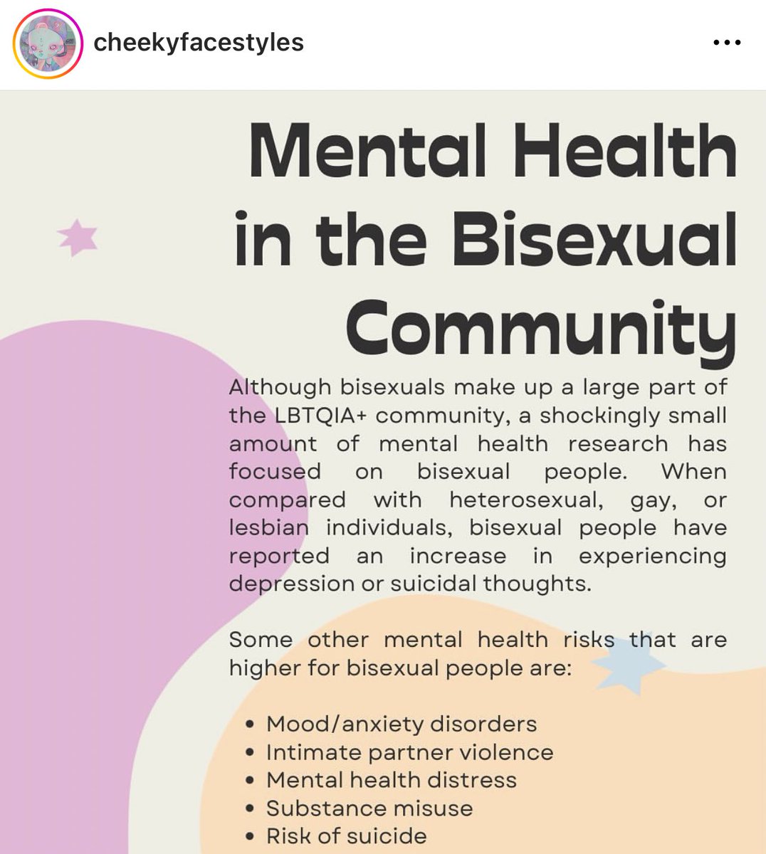 the bisexual community experiences significantly higher rates of physical, sexual, and social violence and as well as health and economic disparities, that’s why they founded the #bihealthmonth to spread awareness💜