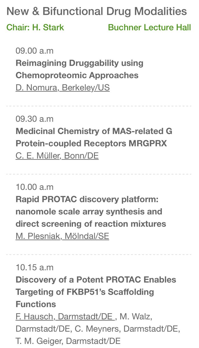 The AM session of Day 2 at @GDCh_aktuell FIMC2024 is on new & bifunctional drug modalities, with @DanNomura, Christa Müller, Mateusz Plesniak & @Hausch_lab.

#medchem #chembio #drugdiscovery