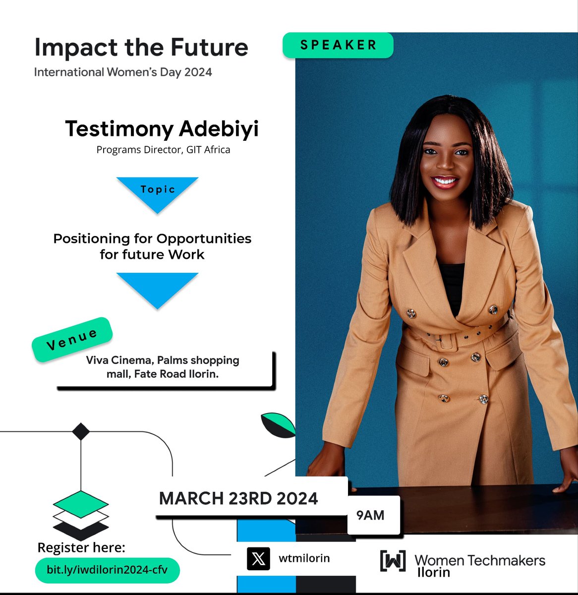 Speaker Reveal 🥳

<a href="/TestyTalks/">Adebiyi Testimony</a> will be sharing  strategies on how to position for opportunities to secure that dream job! 😉

Join us at our #IWD2024 event and take your step to impact the future ✨️

 RSVP: bit.ly/iwdilorin2024

#IWD2024