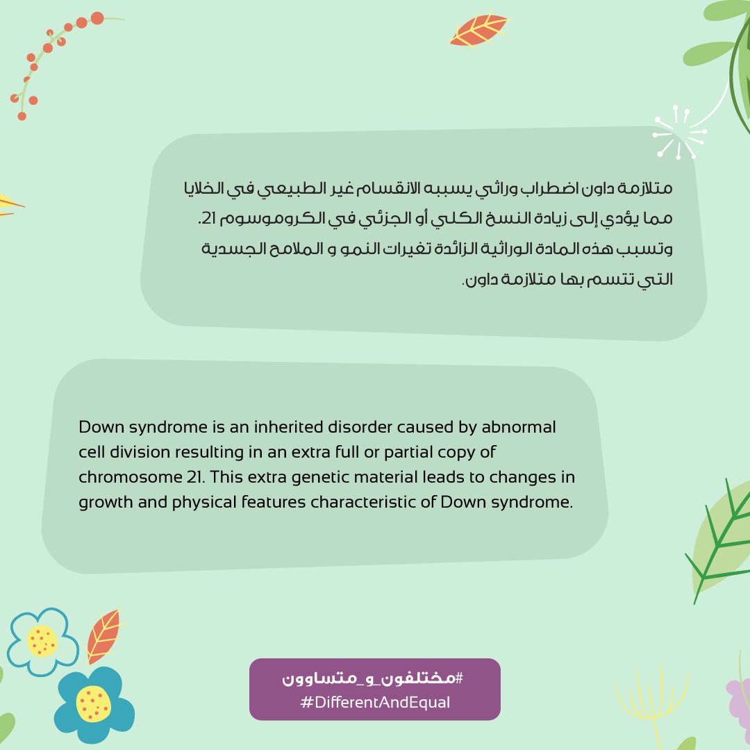 alshafallah's tweet photo. تعرفوا على متلازمة داون و دعونا نفهم أعراضها وأسبابها
#مختلفون_و_متساوون
Learn about Down syndrome and let's understand its symptoms and causes.
#DifferentAndEqual https://t.co/N85AjhQd7X