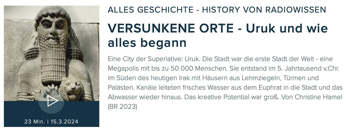 In der jüngsten Episode des #AllesGeschichte-Podcast von #BR2 berichtet Margarete van Ess, Direktorin unser #Orient_DAI-Abteilung, über aktuelle Forschungen in #Uruk und die spannende Geschichte der mesopotamischen Metropole im heutigen Irak: 🎧 br.de/mediathek/podc…