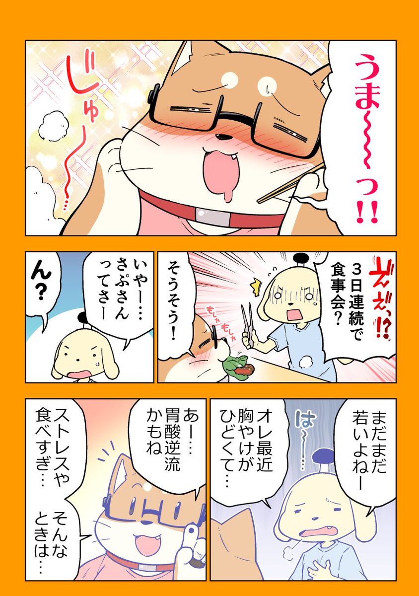 食事会が大好きな柴犬の話  #わかっちゃいるけどやめられな胃 のハッシュタグをつけて 皆様の食べ過ぎちゃったエピソードもぜひ教えてください!  #PR #パンシロンキュア #3日連続飲み会 #胃からしあわせパンシロン https://jp.rohto.com/pansiron/cure/