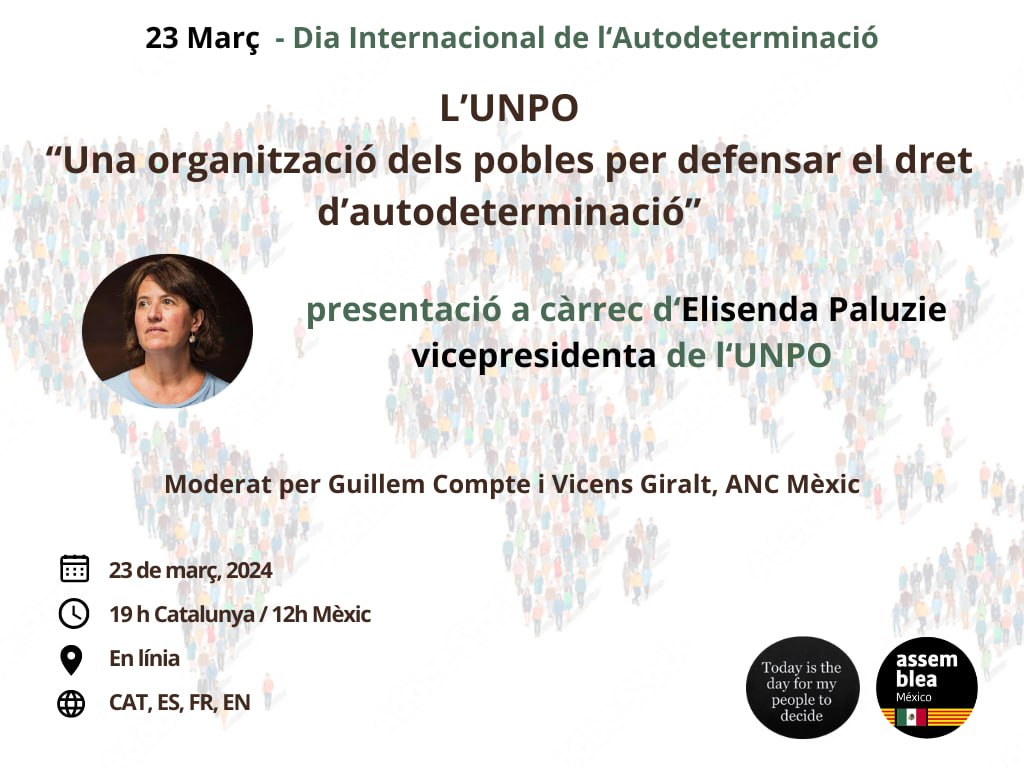assemblea's tweet photo. ⬛️⬜️El 23 de març, @ANCMexic ha organitzat una xerrada amb motiu del projecte del Dia de l'Autodeterminació.

L'expresidenta d'Assemblea i vicepresidenta d'@UNPOintl @epaluzie explicarà la història i els objectius de l'Org. de Pobles i Nacions No Representats.

📍En línia
⏰19h https://t.co/x7iebyiawL