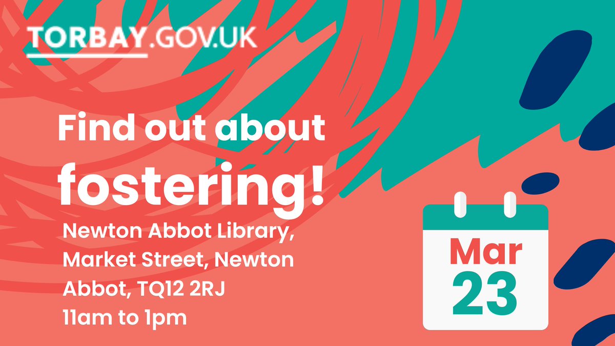 Our Fostering team are at Newton Abbot Library, Market Street, Newton Abbot, TQ12 2RJ on Saturday 23 March from 11am to 1pm, so if you are thinking about Fostering why not pop in? You can also call 01803 207845 or visit torbay.gov.uk/fostering