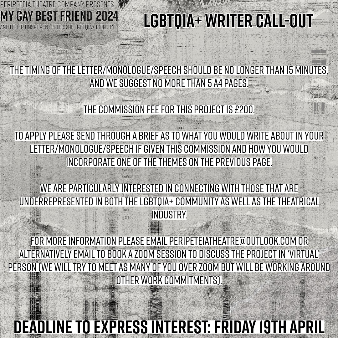 📣WRITER CALL OUT PAID OPPORTUNITY📣 We are looking for 5 writers that identify as part of the LGBTQIA+ community for ‘My Gay Best Friend 2024’ DEADLINE TO EXPRESS INTEREST – FRIDAY 19th APRIL #theatre #writercallout #LGBTtheatre #GayTheatre #QueerArt #QueerTheatre #callout