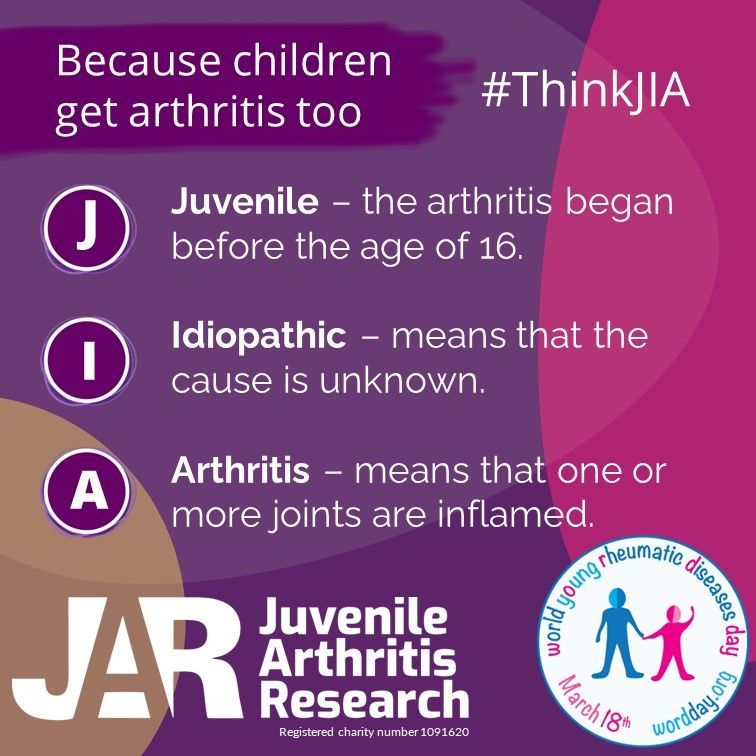 JARProject's tweet photo. Many people have never heard of Juvenile Idiopathic Arthritis when their child is first diagnosed.

So what does JIA actually stand for?

You can find out more about the signs and symptoms of JIA on our #ThinkJIA campaign site at https://t.co/9WPFVK6sTT

More on IG/FB https://t.co/NrTKh7QLp5