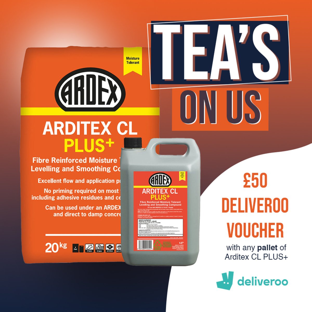 Takeaway Tea On Us! 🍔🌯🍟 Get a £50 @deliveroo voucher with every pallet of @Ardexuk new Arditex CL Plus+ 📅 Promotion Valid from March 18th - March 22nd 🚚 Delivery by March 28th #ardex #flooring #flooringinstallation