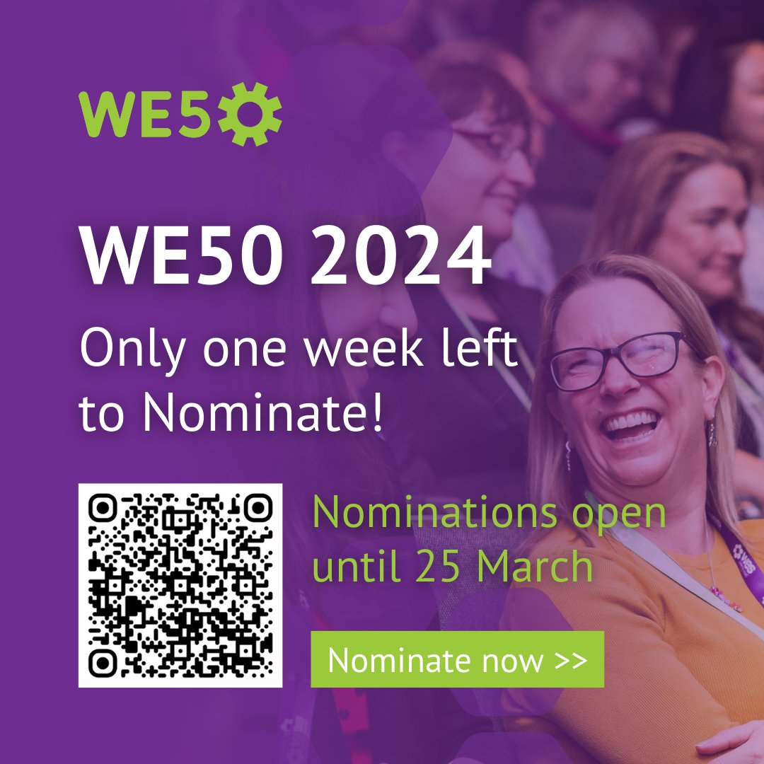 There's only one week left until Nominations close for our WE50 Awards. Don't miss out on this opportunity to celebrate the extraordinary work of Women Engineers. 

Nominate now:  zealous.co/wes1919/opport…