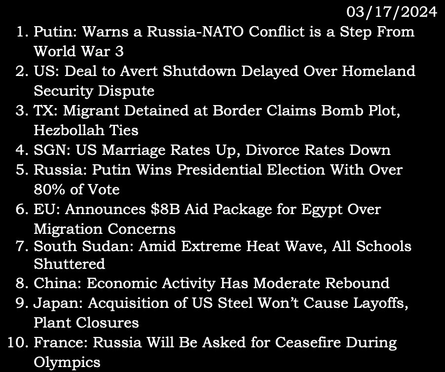 tspuser2605's tweet photo. 03/17/2024 (Sunday)
source: via.linktree
#VladimirPutin #Russia #NATO #shutdown #DHS #Texas #Lebanon #Hezbollah #SGN #EU #Egypt #SouthSudan #China #Japan #NipponSteel #USSteel #France #Olympics https://t.co/AtITBmkCU1
