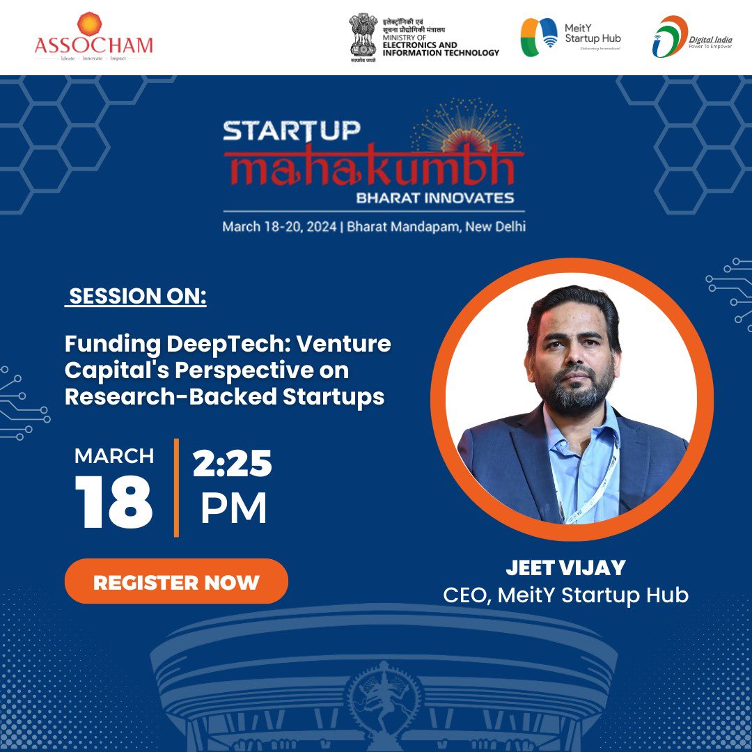 Get ready to unlock the secrets of deep tech funding with Mr. Jeet Vijay, CEO , MeitY Startup Hub! Join us at #StartupMahakhumbh as he delves into the VC perspective on fueling research-backed startups. Don't miss out on this exclusive insight shaping the future of innovation!