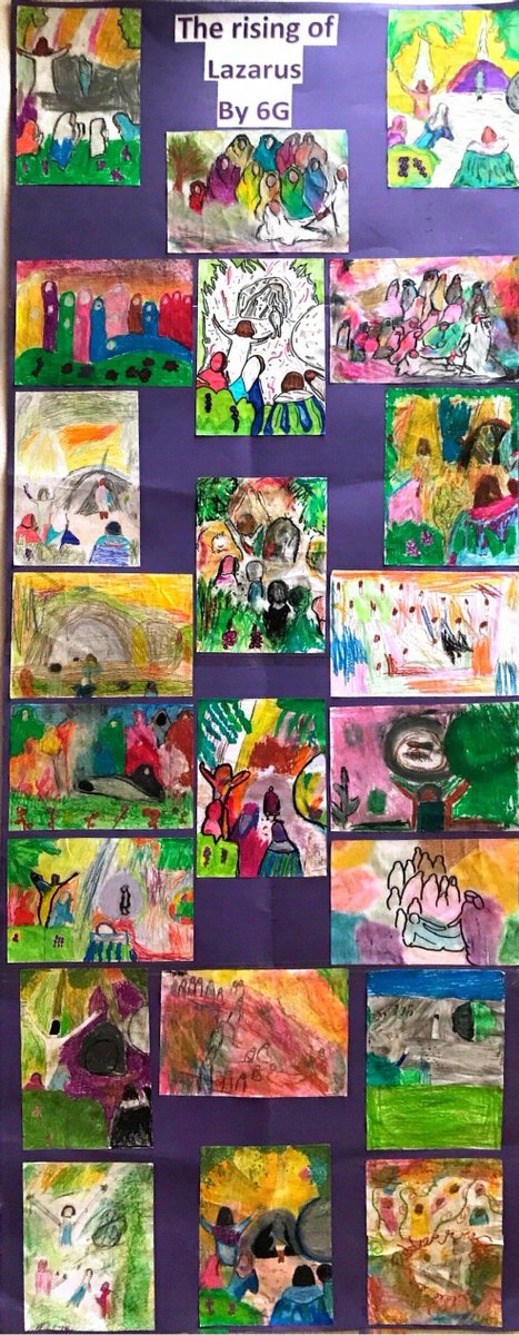 The children in 6G have drawn and coloured a scene from the story of Lazarus with oil pastels.