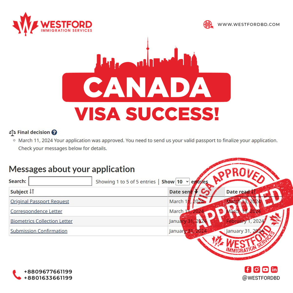 𝐕𝐢𝐬𝐢𝐭 𝐕𝐢𝐬𝐚 𝐀𝐩𝐩𝐫𝐨𝐯𝐞𝐝 𝐢𝐧 𝟔 𝐖𝐞𝐞𝐤𝐬❗
Congratulations to our client!

#westfordbd #ashiqrcic #rcic #askashiq #visitor #travel #visitvisa #canadavisa #canadianvisa #StudyinCanada #studypermit #studypermitcanada #study #canadastudyvisa #visaapproved