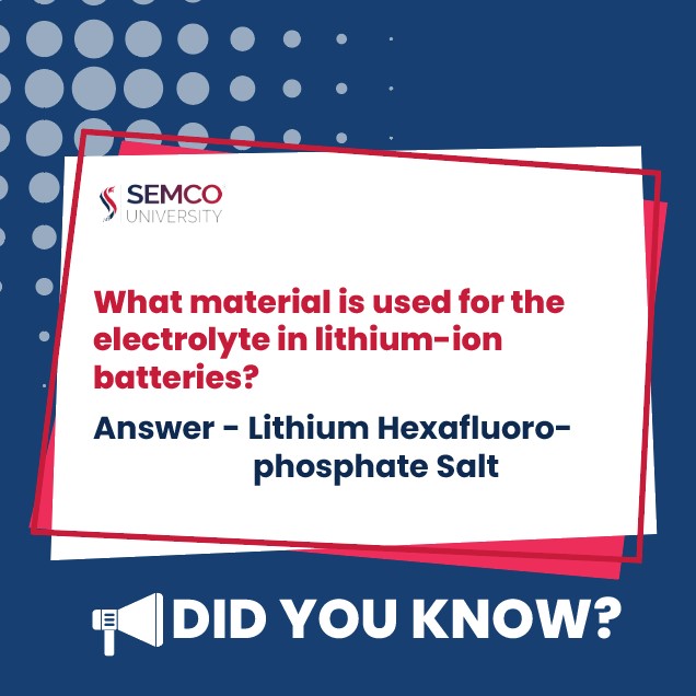 Semcouniversity's tweet image. Ever wondered what gets the ions flowing in a #lithiumionbattery?

It&apos;s a special solution! #DidYouKnow 

The electrolyte! This solution, usually made of #lithiumsalts like LiPF6 in organic solvents, is what allows lithium ions to move freely for charging and discharging.