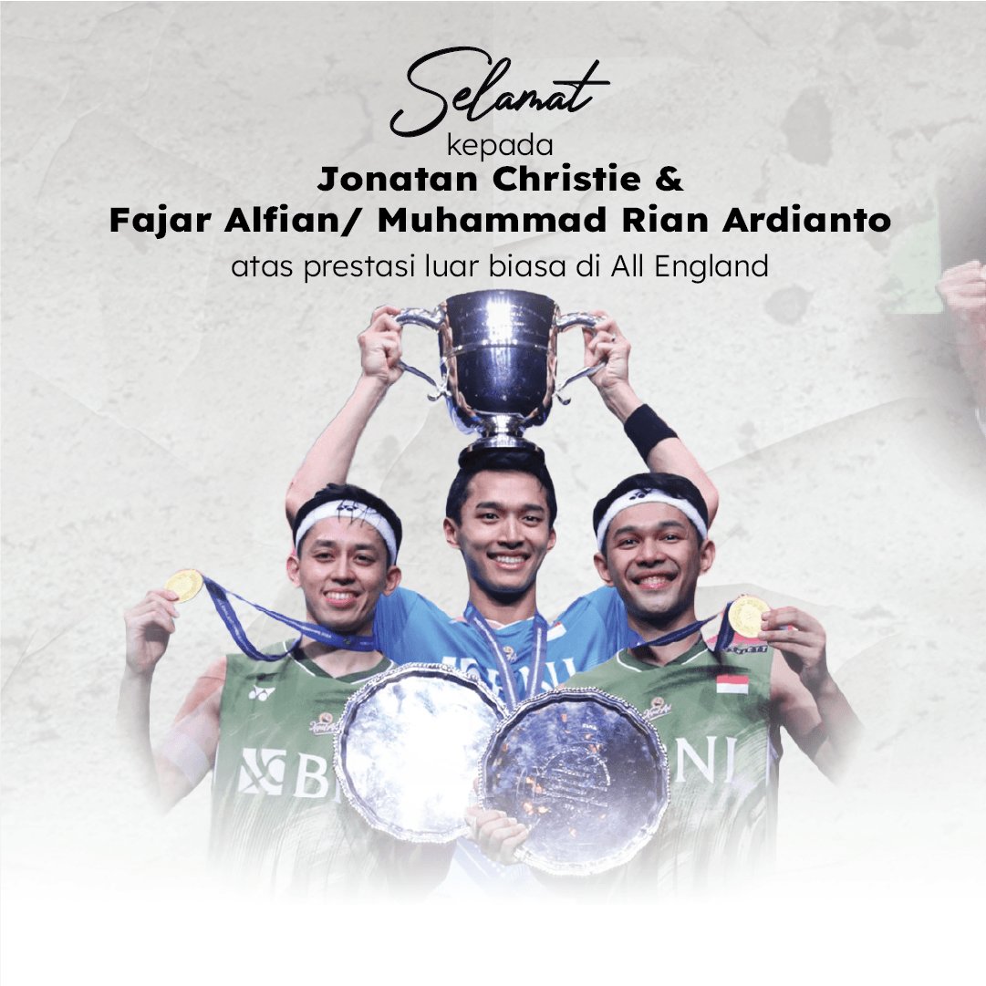ArizaPatria's tweet image. "Applause untuk Jonatan Christie serta Fajar Alfian/Muhammad Rian Ardianto atas pencapaian gemilang di All England! 

#allengland #allengland2024 #bulutangkis #badminton