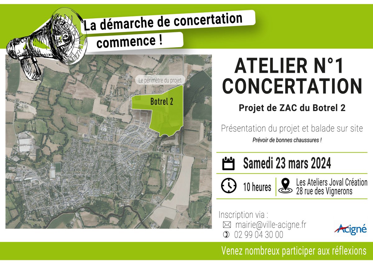 Samedi 23 mars à 10h : Balade urbaine et atelier de concertation
Inscription 02 99 04 30 00 ou mairie@ville-acigne.fr
Rendez-vous Aux ateliers Joval création 28 rue des Vignerons