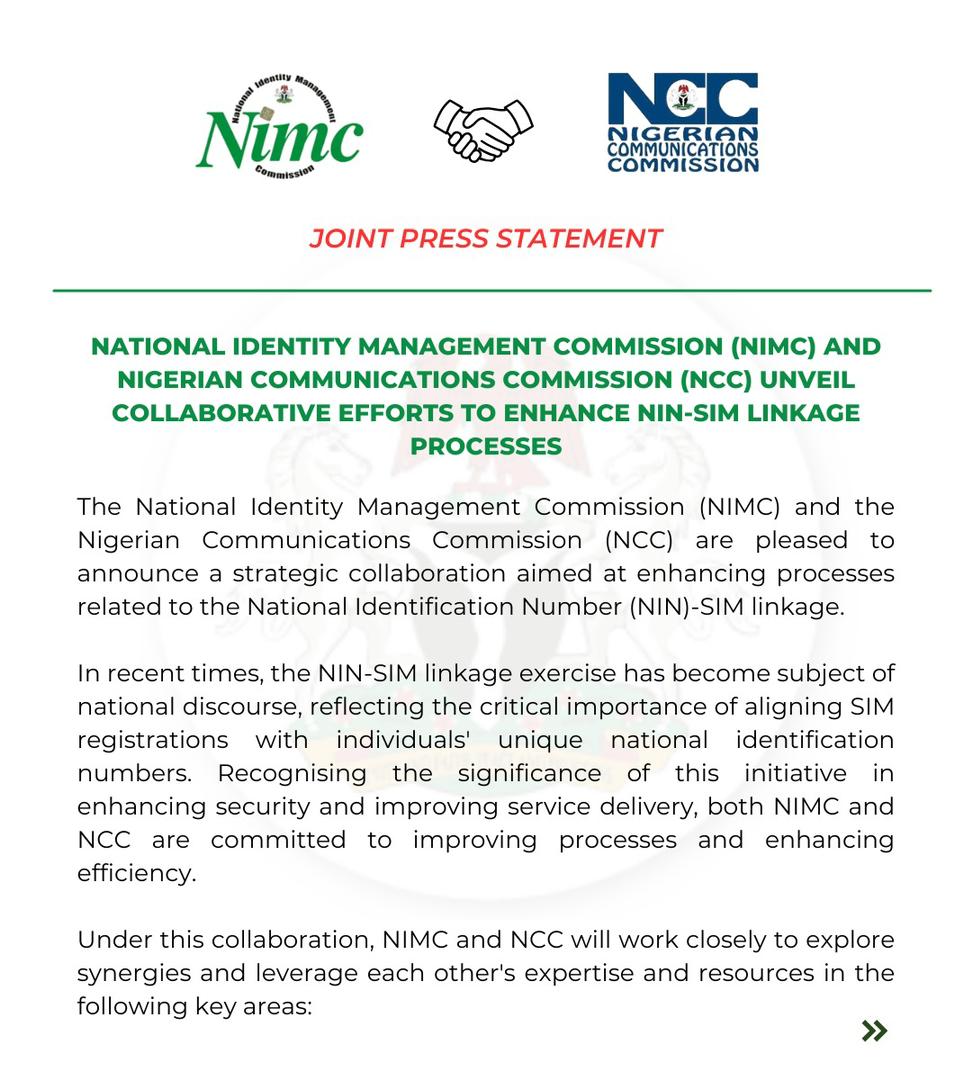 JaafarUmarAbba's tweet photo. The @nimc_ng Boss, Engr. @EngrAbisoye unveil collaboration with Nigeria Communications Commission (@NgComCommission) effort to enhance NIN-sim linkage process. The partnership between the #NimcNccCollaboration involves more than just technical cooperation.
1/2 https://t.co/1336RQZ2zC
