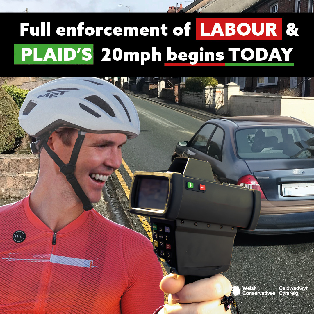 🥀 Labour and their Lycra clad lobbyists are slowing Wales down with their blanket 20mph speed limit. 💪 We will SCRAP Labour and Plaid's blanket 20mph speed limit and get Wales moving. 🚨 Enforcement begins today. 🚨