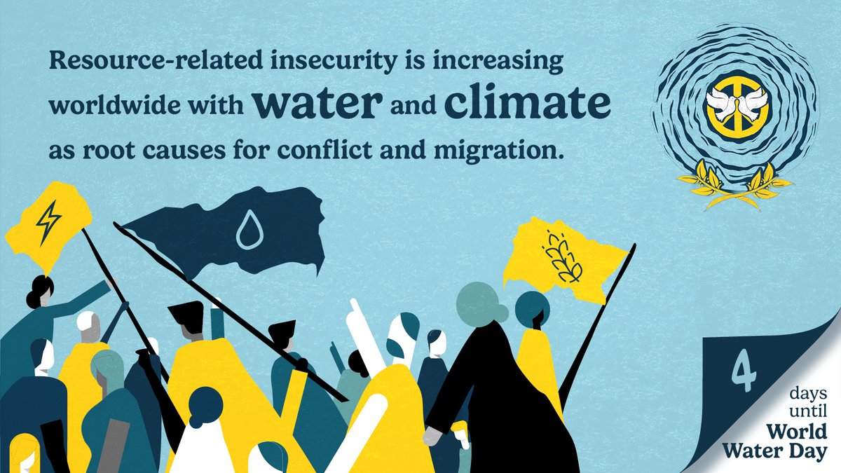 4 days until #WorldWaterDay! #Water, #Climate & addressing resource insecurity are interconnected challenges we face today. Integrated solutions & sustainable #WaterManagement are needed to mitigate such risks. Let's foster cooperation for a sustainable future. #WaterForPeace💧🕊️