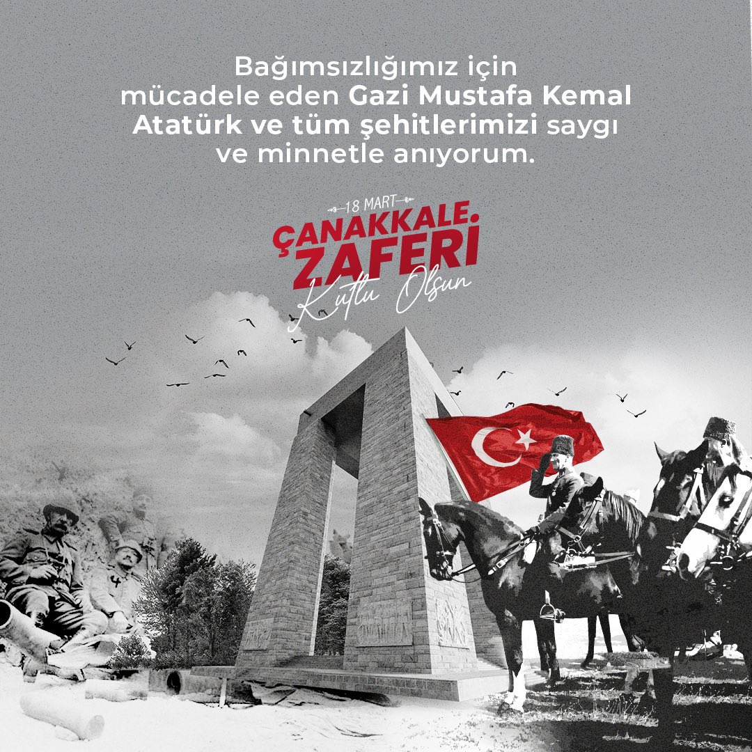 109 yıl önce vatan sevdasını destanlaştırarak büyük bir milli zafere dönüştüren, Çanakkale’yi geçilmez kılan başta zaferin mimarı Gazi Mustafa Kemal Atatürk olmak üzere tüm kahramanlarımızı sonsuz minnet, saygı ve rahmetle anıyoruz. Ruhları şâd olsun. 🇹🇷 #18MartÇanakkaleZaferi 🇹🇷