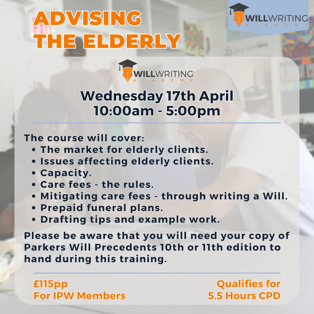 Learn how to properly cater for one of the biggest target audiences for your Willwriting business, in a course led by an experienced industry professional who can help you get the most out of our webinar!

Don’t miss out and book today: Please call the office on 0345 257 2570