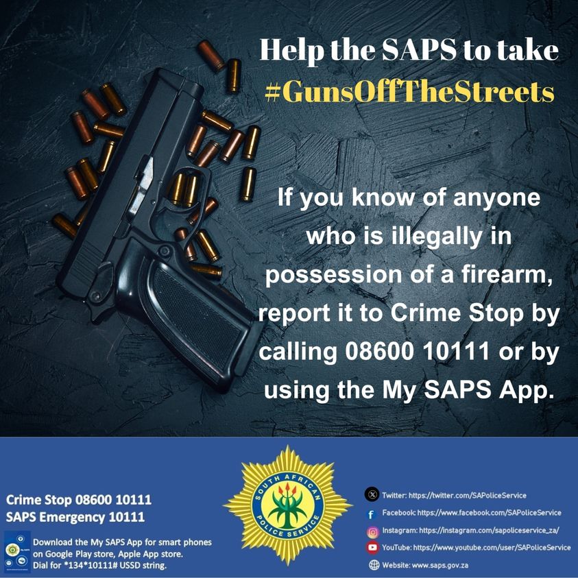 GCISGauteng's tweet photo. Help the SAPS to take #GunsOffTheStreet. Crime Stop 0860 10111. #FireArmControlAct @SAPoliceService @GTP_Traffstats @JoburgMPD @GautengProvince @GovernmentZA https://t.co/ktCtcW1GZJ