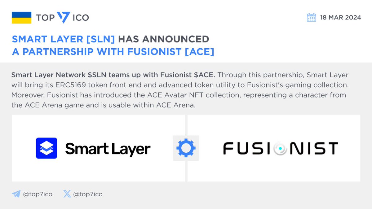 Smart Layer [SLN] has announced a partnership with Fusionist [ACE]  @SmartLayer $SLN teams up with @fusionistio $ACE. Through this partnership,  #SmartLayer will bring its #ERC5169 token front end and advanced token  utility