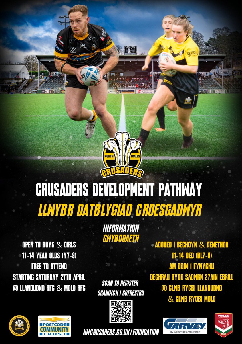 ⚫️🟡 Crusaders Development Pathway 🟡⚫️

Introducing our brand new programme for 2024, the Foundation will be starting Development Pathway teams for boys &amp; girls at U12’s - U14’s (Years 7-9)

We will have two Development Pathway locations, <a href="/LlandudnoRC/">LlandudnoRFC</a> &amp; <a href="/moldrfc/">Mold Rugby Club</a>