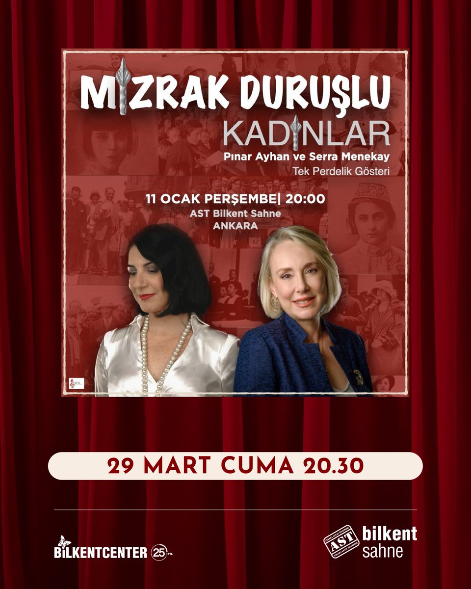 Kadınların seçme ve seçilme hakkını alışından günümüze kadar olan süreci işleyen ‘Mızrak Duruşlu Kadınlar’ 29 Mart Cuma akşamı saat 20.30’da Bilkent Sahne AST’ta!🎭 #tiyatro #sanat #ankarasanattiyatrosu #AkademiAST #BilkentSahne #AST #BilkentCenter #Ankara