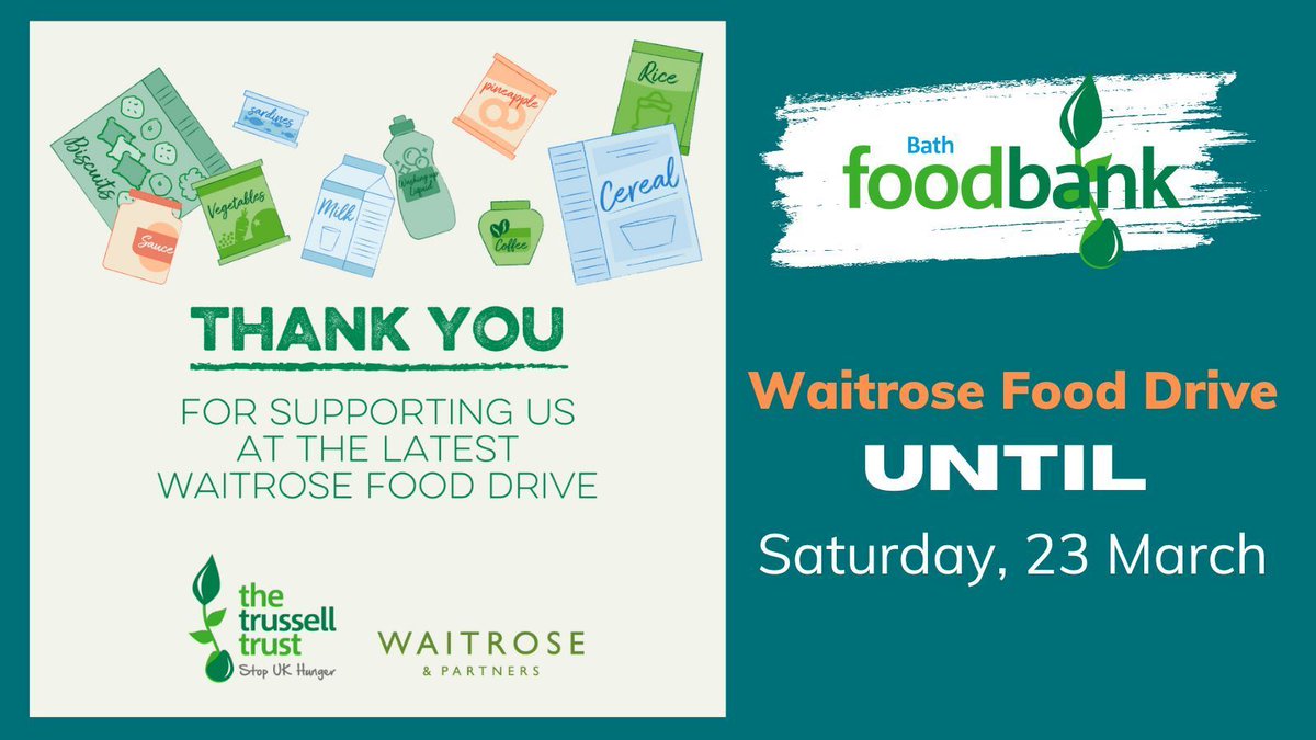 BathFoodbank's tweet photo. You can make a difference to people facing hardship in Bath by donating to our Waitrose food collection. 💚

We’re collecting food and other essential items in @Waitrose city centre all week until Saturday, 23 March.

#community #support #giveback

@TheGenesisTrust https://t.co/sFsMmeL8tk
