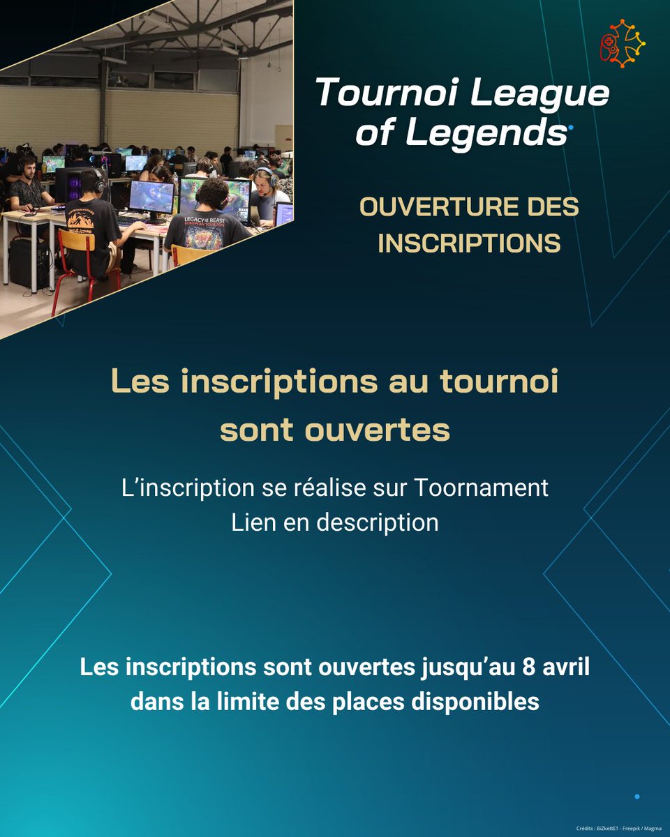 occilan's tweet photo. 📣 Les inscriptions au tournoi sont ouvertes jusqu'au 8 avril dans la limite des places disponibles.
https://t.co/UTVS2qmdFX

🗓️ du 12 avril au 14 avril 2024 à 20h non-stop
📍 Bâtiment U1 - Université Toulouse III
#esports #gaming #toulouse #lan #tournoi #LeagueOfLegends https://t.co/5u6wsPJVUG