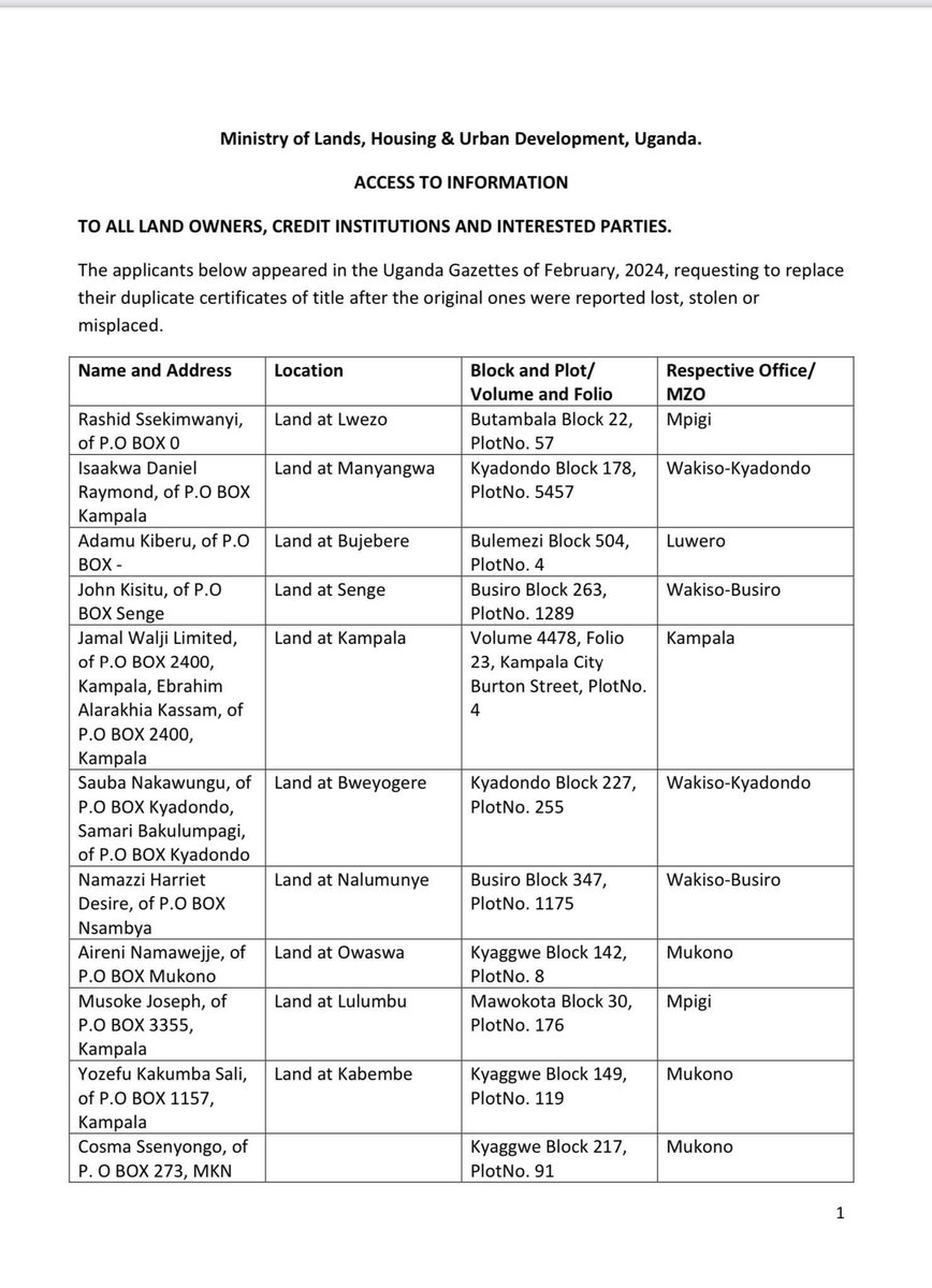 ministry_lands's tweet photo. 🚨🚨🚨 PUBLIC ANNOUNCEMENT: The following have reported their Titles to @ministry_lands as LOST, STOLEN or MISPLACED during the month of February 2024 and have therefore applied for SPECIAL TITLES to replace those lost. 

Please review the information carefully and inbox us in the event of any discrepancies. 

A copy of the titles below can be downloaded on the link : 
https://t.co/uJC58dZsld

Kindly Retweet widely.

1/3
