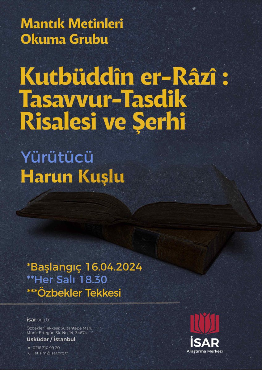 ❗️@KusluHarun yürütücülüğünde yeni bir eserle devam ediyoruz: Kutbüddîn er-Râzî'nin Tasavvur-Tasdik Risalesi ve şerhinin okunacağı okuma grubuna bağlantı üzerinden başvurabilirsiniz. * Başvuru için lisansüstü öğrenci olma şartı aranmaktadır. forms.gle/nhYHVCFP2wq4cw…