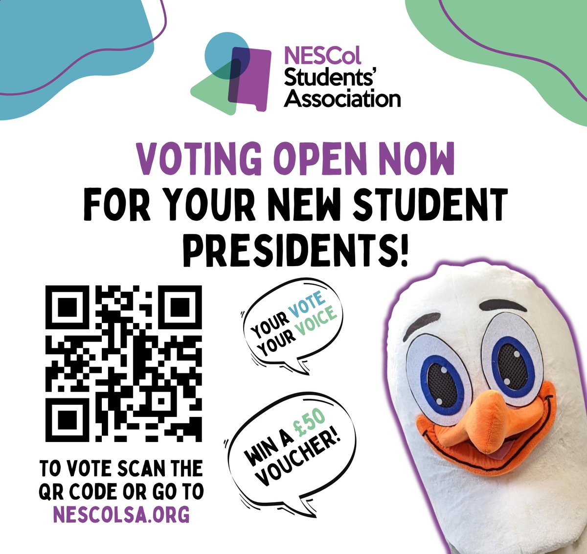 📅 Voting is now open!

Please remember to make your voice and opinion heard and vote for your next student presidents. Steven will be on City Campus today with badges for voters, keep an eye on your chips!

Remember you're in for a chance to win a £50 voucher or £20 vouchers💜