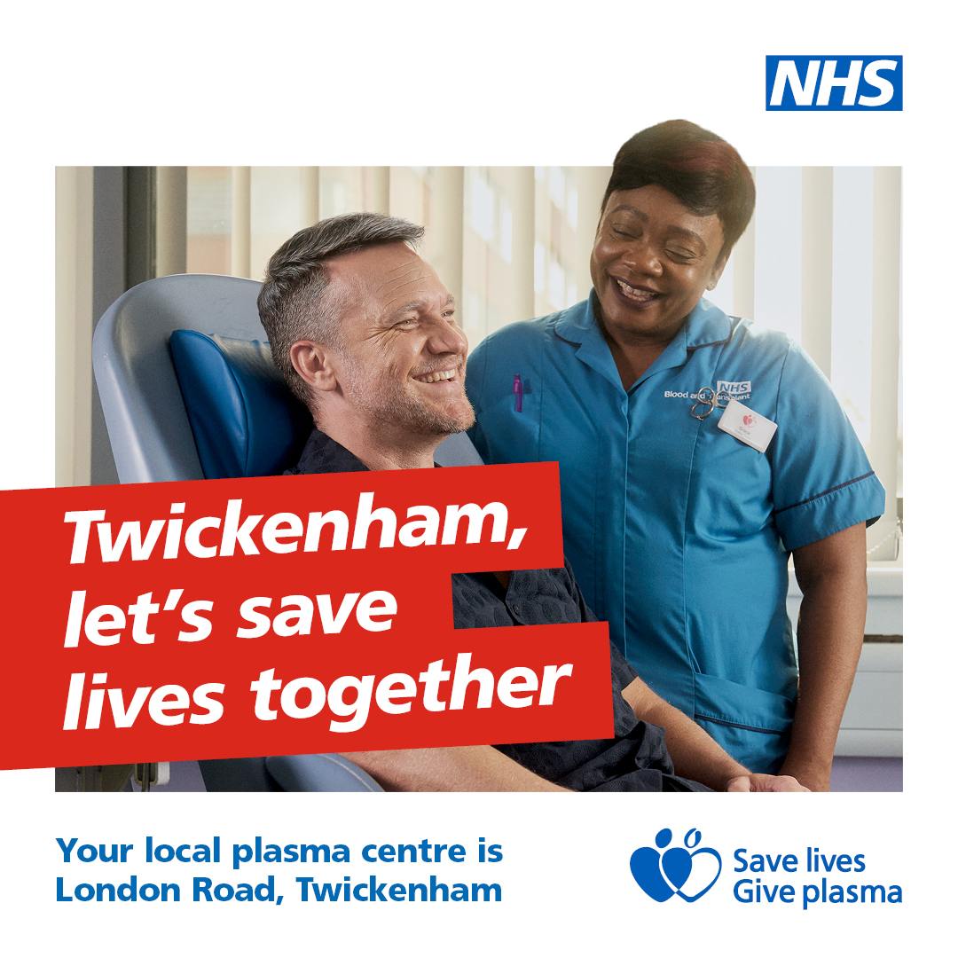 Giving plasma is life-saving and it takes around an hour. If you're the #GivingType in Twickenham join the thousands of people giving plasma. Search ‘donate plasma’.