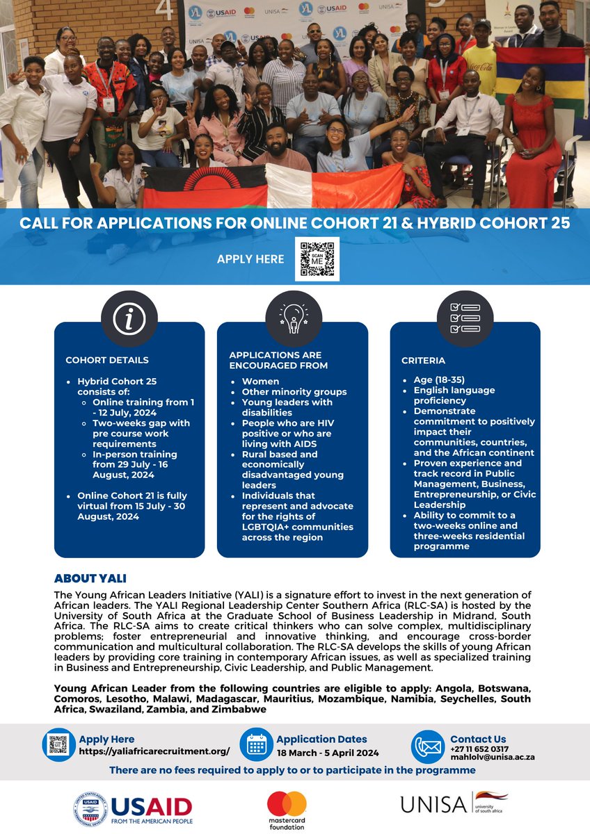 Applications for YALI RLC SA Online Cohort 21 & Cohort 25! Online Cohort 21: Fully online from 15 July – 30 Aug 2024 Hybrid Cohort 25: Online from 1 – 12 July 2024 and In-person from 29 July – 16 Aug 2024 Application Dates: 18 March – 5 April Apply Here: yaliafricarecruitment.org