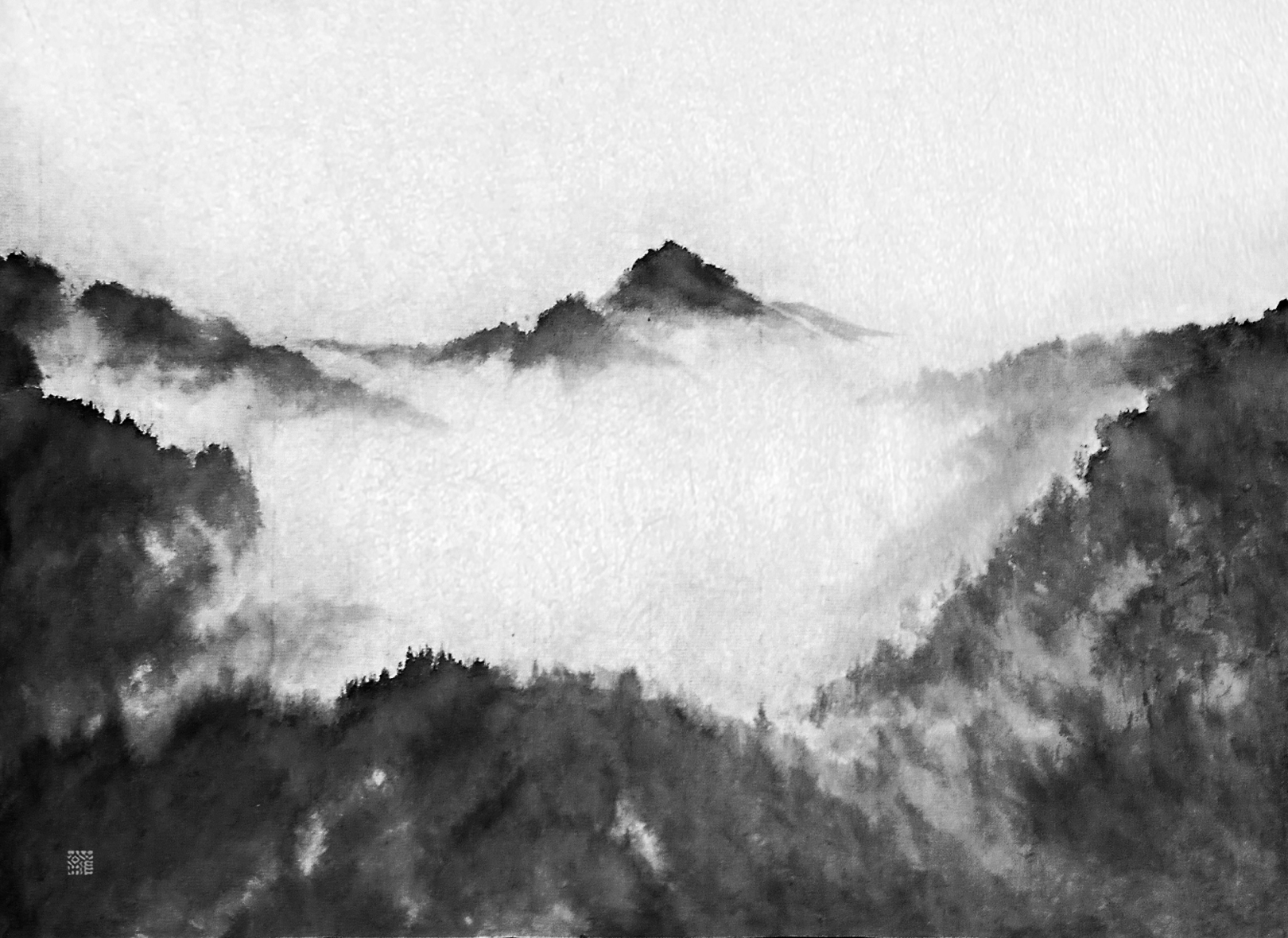 真作】絵画 水墨画6号 冬の静寂 雪山と川辺の墨絵風景 厳冬の