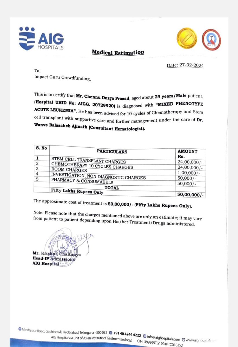 nandu_durga's tweet photo. @KTRBRS Anna One of My Friend CH Durga Prasad suffering with Acute Leukemia( Blood Cancer) Aged 29 Years Who is Corporate Employee. Present He is taking treatment AIG hospitals Gachibowli and They 50 Lakhs for that treatment. Please Look into this, He is Struggling For Life https://t.co/IWpGRmRB1x