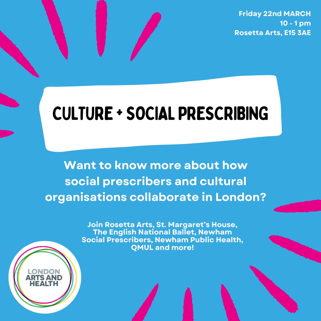 Are you interested in culture + #socialprescribing in London? Why not sign up to our free event this week! 📅 22.3.2024 ⏲️ 10-1pm 📍 @Rosettaarts 💰 FREE! @ENBallet @NewhamLondon @QMUL @ConniRosewarne2 @StMargaretsLDN BOOK --> eventbrite.co.uk/e/culture-and-…