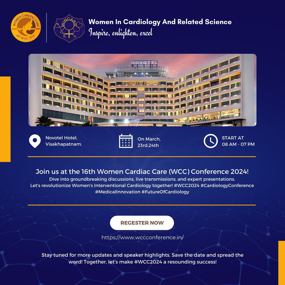 🌟 Exciting News! 🌟 We're thrilled to announce the 16th Women Cardiac Care (WCC) Conference 2024, organized by the Women in Cardiology and Related Sciences (WINCARS) Association! Set to take place on March 23rd-24th, 2024, at the prestigious Novotel Hotel in Visakhapatnam.