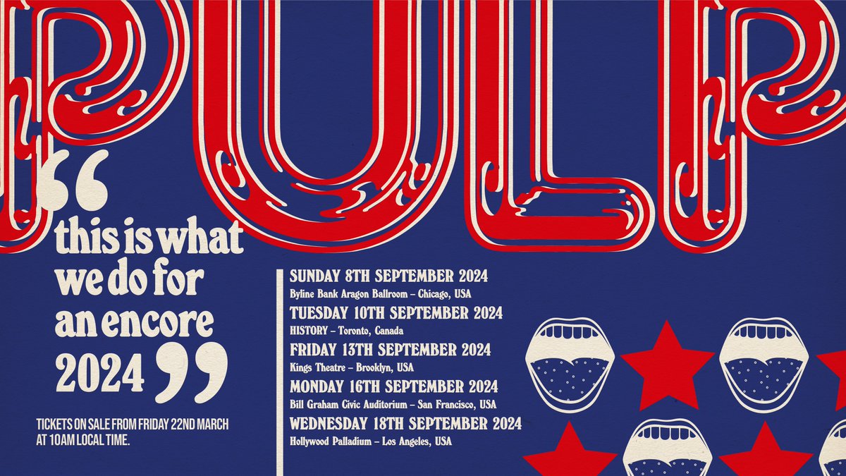 welovepulp's tweet image. Pulp will play a series of shows in North America in September 2024 !!! Sign up at welovepulp.info by midnight tonight (PDT) for presale beginning tomorrow. Tickets go on general sale this Friday. #thisiswhatwedoforanencore
