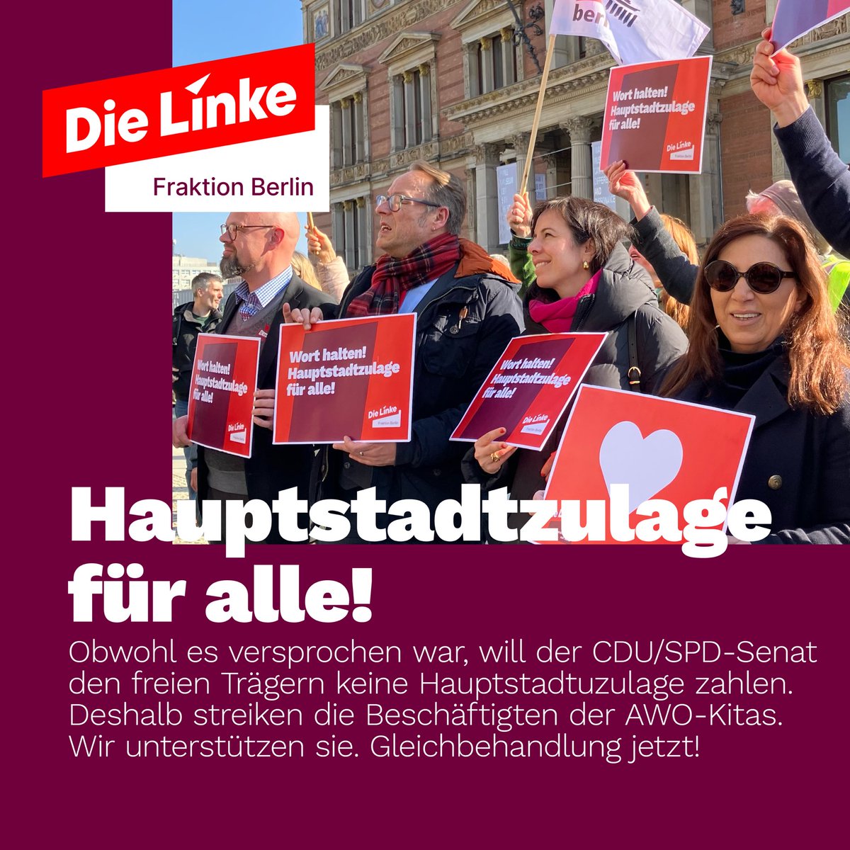 Schluss mit der Benachteiligung freier Träger! Der #CDU/#SPD-Senat hat sein Versprechen gebrochen. Er will den freien Trägern die #Hauptstadtzulage verweigern. Montag u Dienstag streiken daher die Beschäftigten von Einrichtungen der @AWOBund. Wir unterstützen sie. Viel Erfolg!