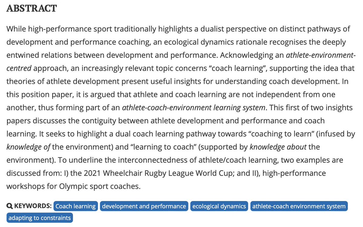 ‘Coach to learn and learn to coach: synergising performance and development in the athlete-coach-environment learning system’ Fabian Otte￼, Keith Davids, Martyn Rothwell, Matthew A Wood & James De-Mountfort’s paper is available bow @tandfsport; doi.org/10.1080/216406…