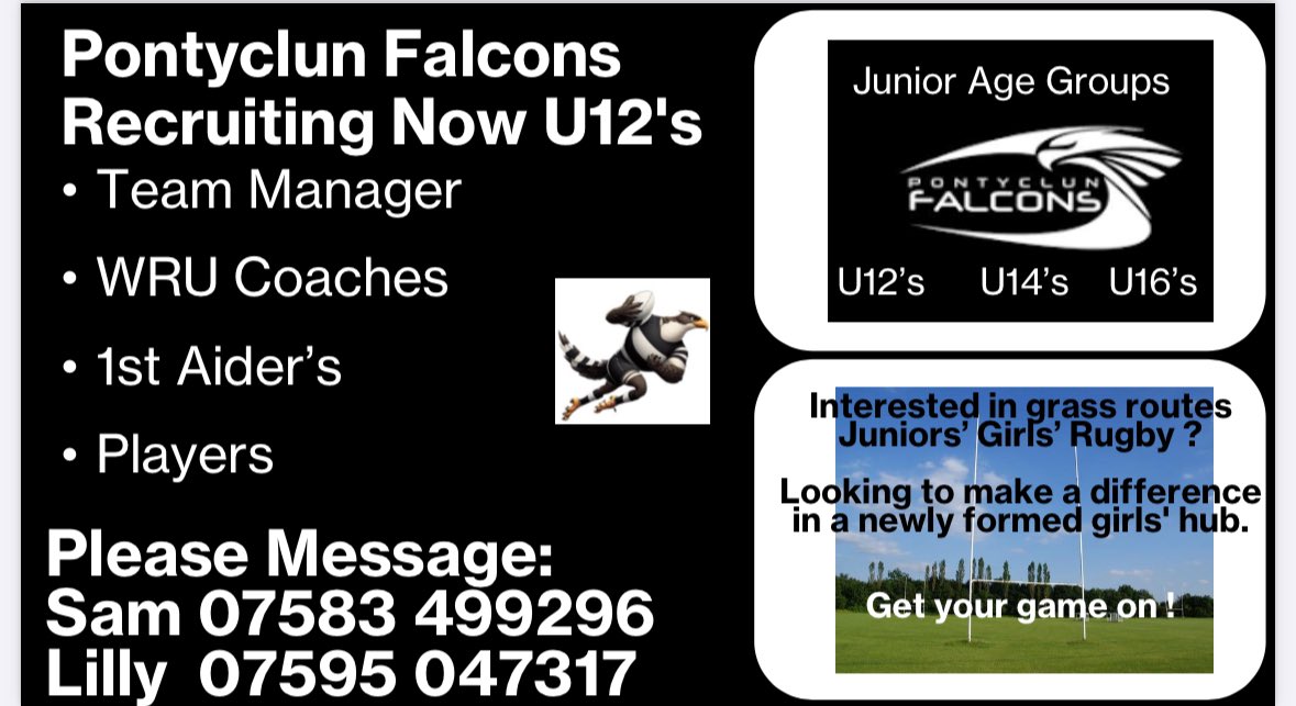 Calling all girls rugby players! There are new opportunities for you <a href="/PontyclunRFC/">Pontyclun RFC</a> with the newly formed falcons under 12s